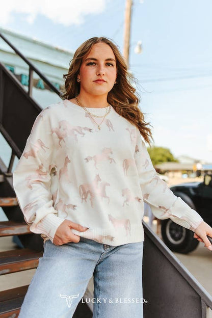 Ivory Soft Knit Sweater W Tonal Horse Detail