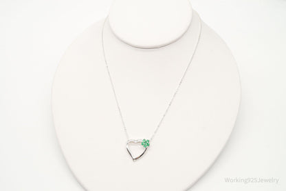 Vintage Designer Avon Green Cubic Zirconia Heart Sterling Silver Necklace