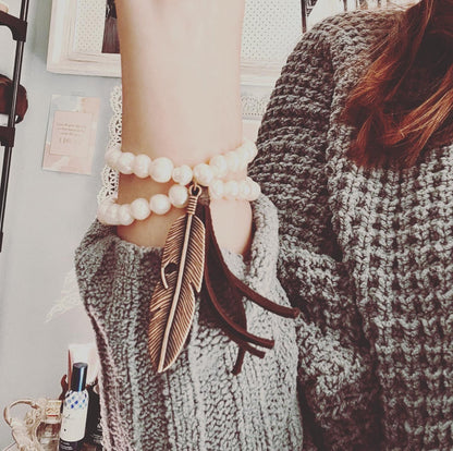 Double Strand Pearl Bracelet With Copper Feather