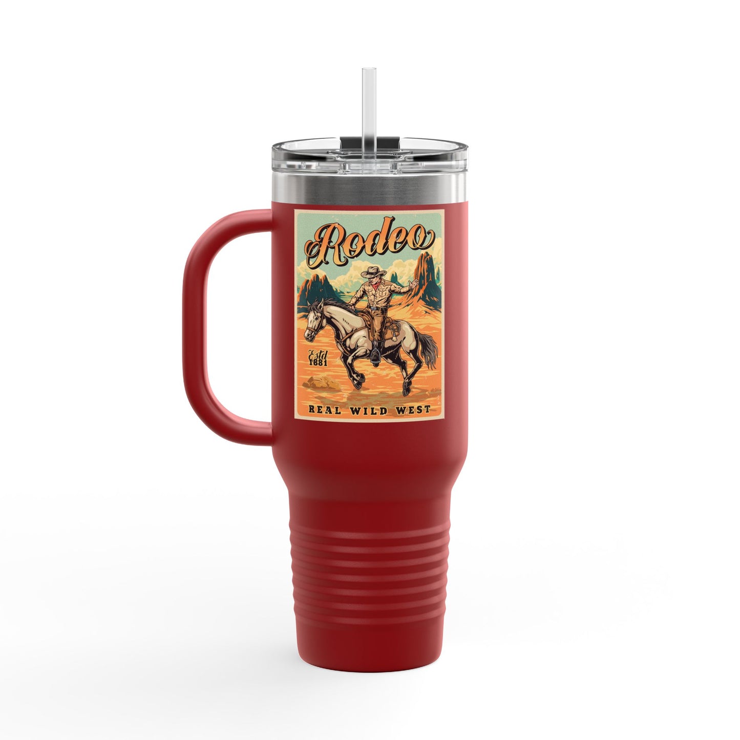 Rodeo Cowboy 40oz Insulated Travel Mug — Wild West Horseback Design