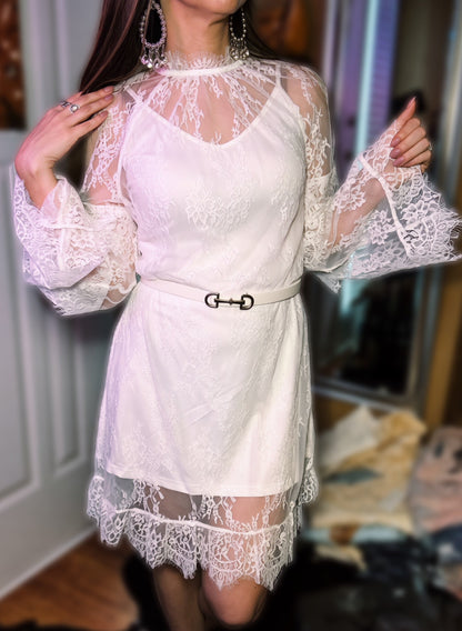 Ivory Lace Mock Neck Mini Dress