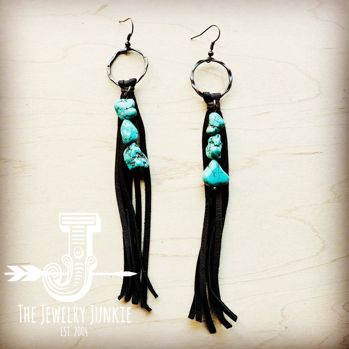 Brown Leather Fringe Earrings with Turquoise