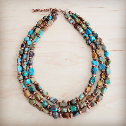 Genuine HuBei Turquoise & Copper Triple Strand Necklace 259t