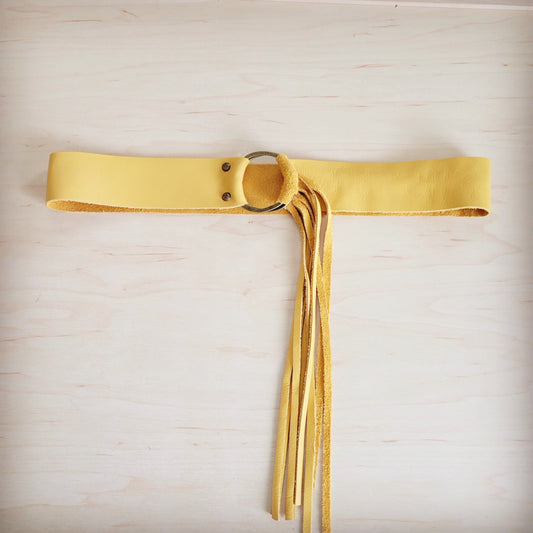 Mustard Leather Belt with Leather Fringe Closure 908t