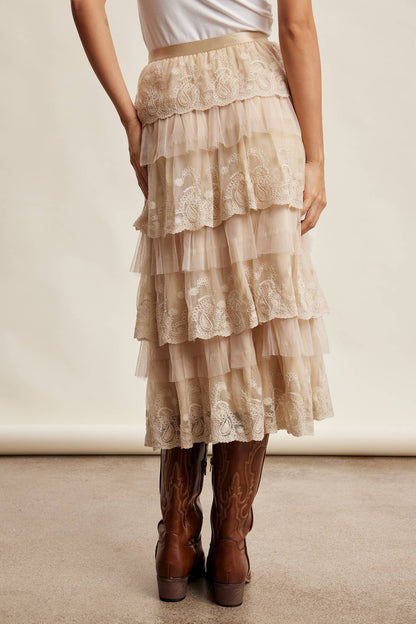 Taupe Lace Tiered Midi Skirt