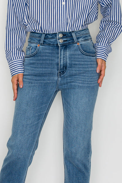 Altitude Heights Corset Double Waistband Straight Frayed Hem Jeans