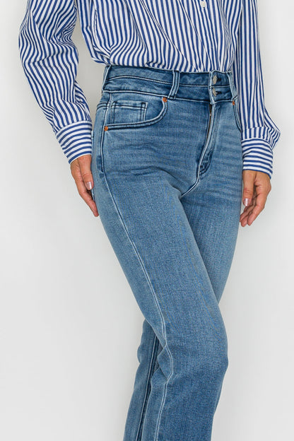 Altitude Heights Corset Double Waistband Straight Frayed Hem Jeans