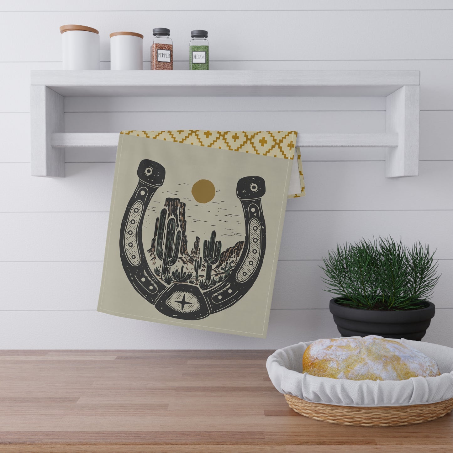 Western Horseshoe Tea Towel — Desert Cactus Sun Cotton Kitchen Towel