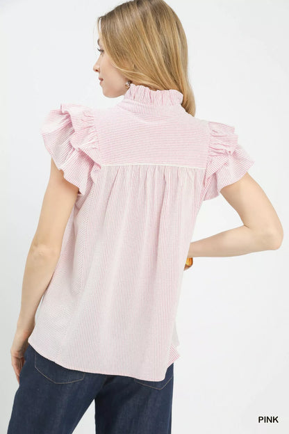 Umgee Ruffled Sleeve Textured Blouse in Pink
