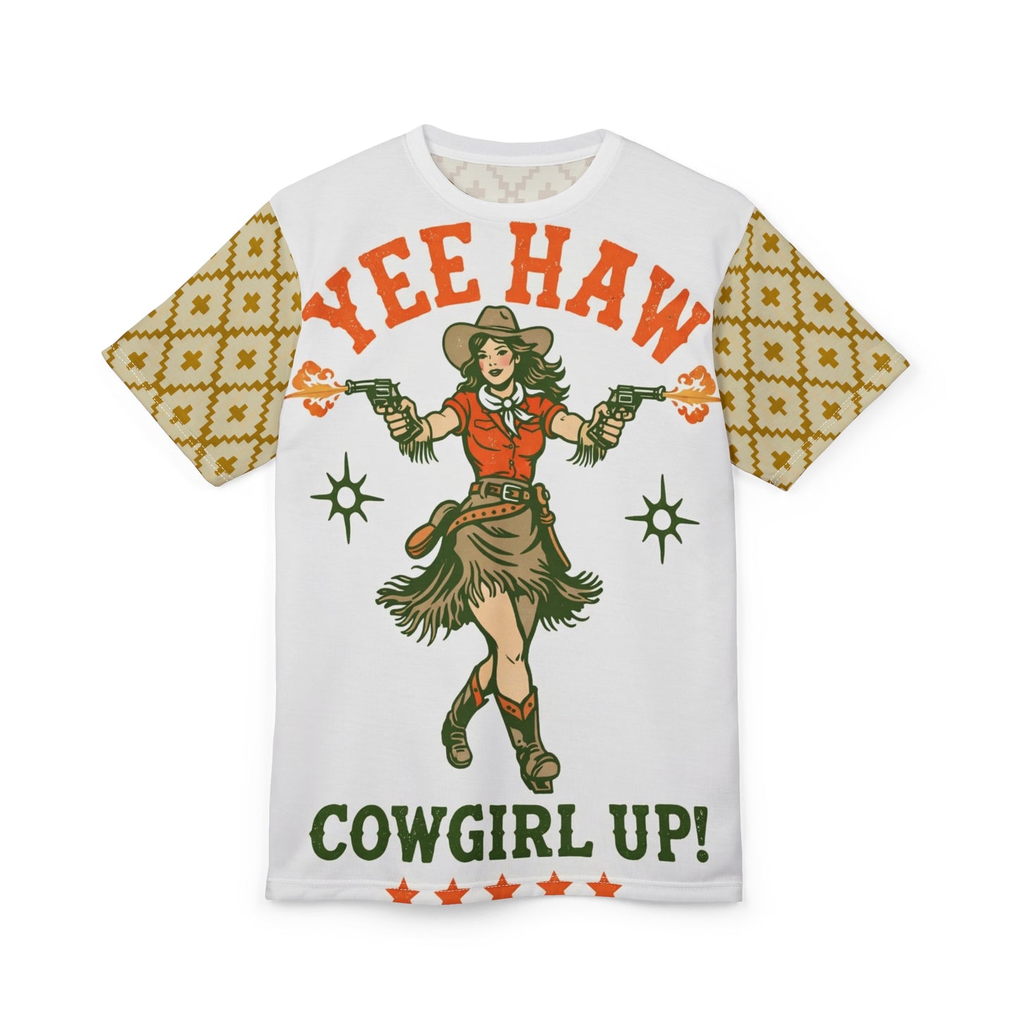 Cowgirl 'Yee Haw' Graphic Tee — Cowgirl Up Retro Western All-Over Print