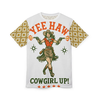 Cowgirl 'Yee Haw' Graphic Tee — Cowgirl Up Retro Western All-Over Print