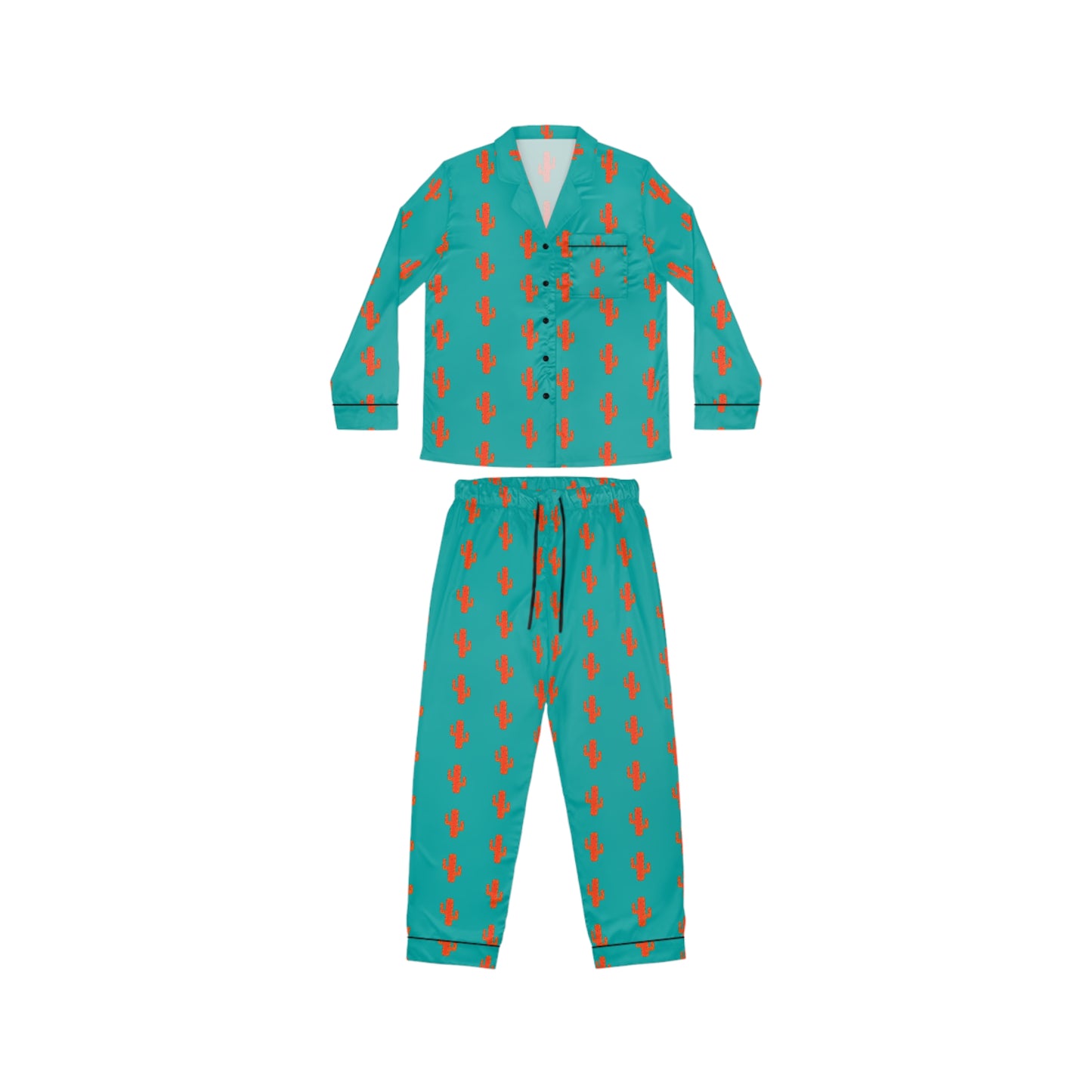 Women's Satin Pajama Set — Teal Retro Cat Pattern Loungewear