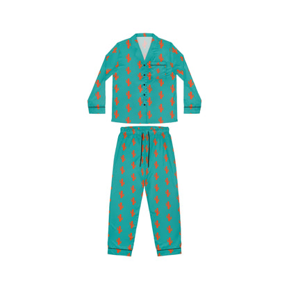 Women's Satin Pajama Set — Teal Retro Cat Pattern Loungewear