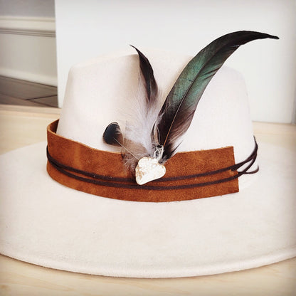 Clip-On Feather Hat Band-White Turq w/ Olive Feathers 954o