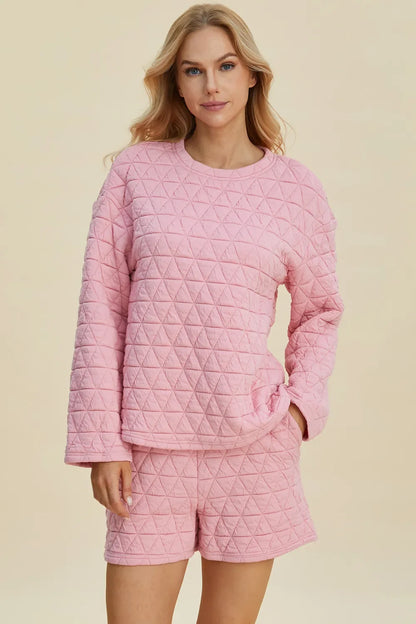 Double Take Textured Long Sleeve Top & Shorts Set