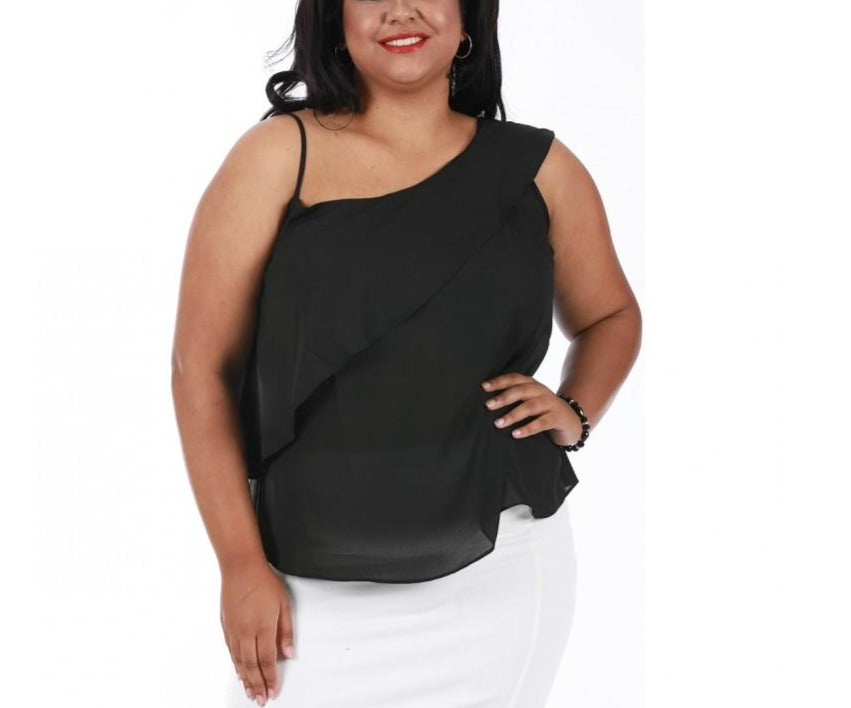 Curvy Plus Size One Shoulder Top W/Ruffled Overlay 3533916C