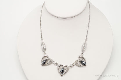 Vintage Designer Sorrento Hematite Filigree Hearts Sterling Silver Necklace