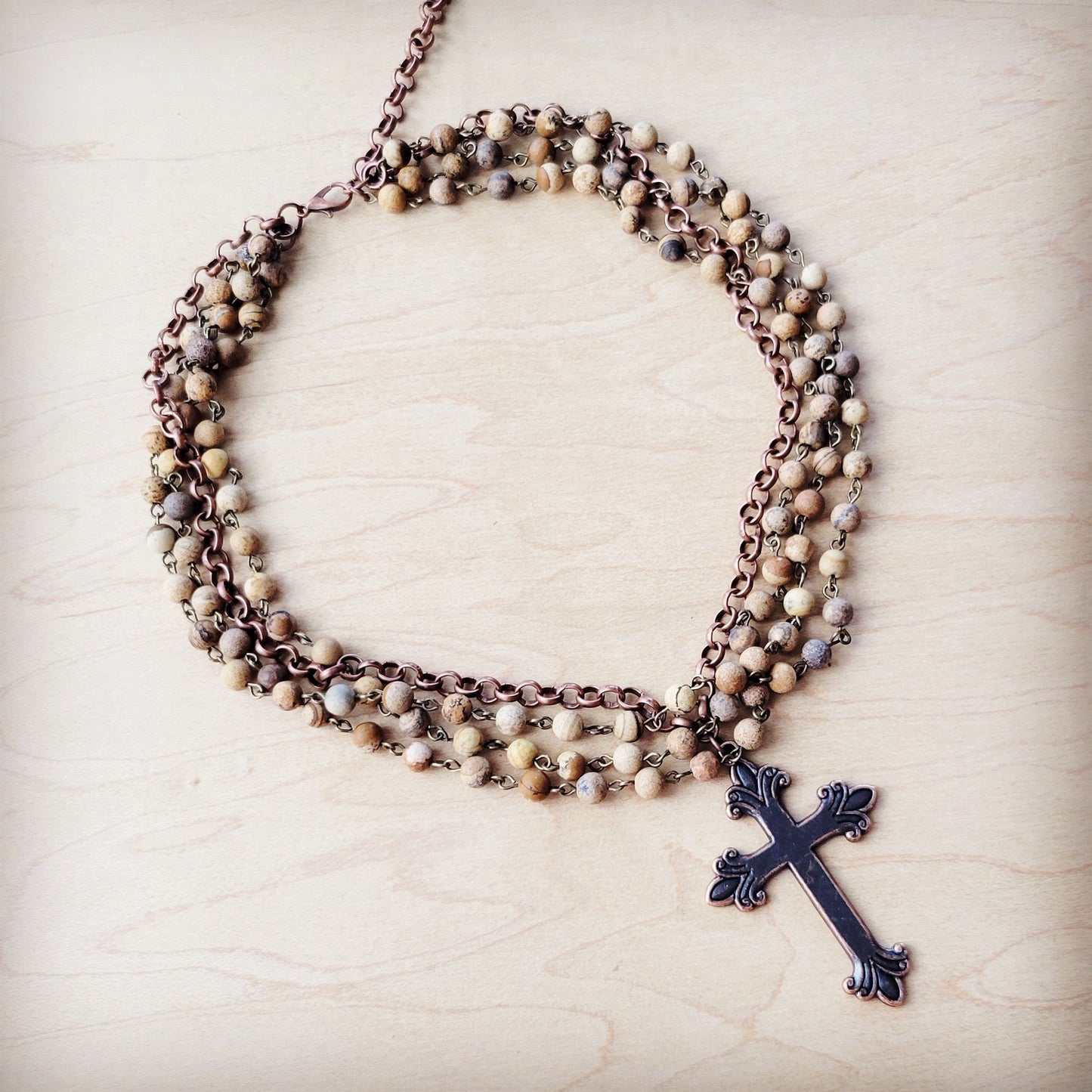 Picture Jasper Beaded Collar Necklace w/ Cross Pendant 261b