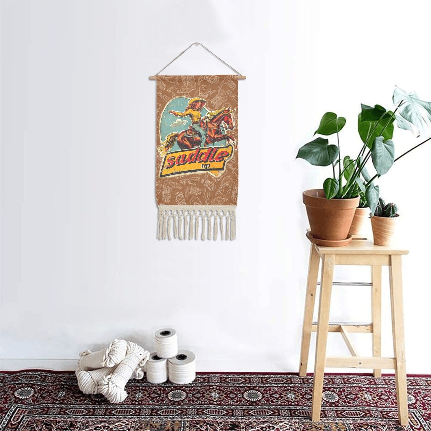 Saddle Up Western Wall Decor Linen Hanging Poster with Fringe Made in America