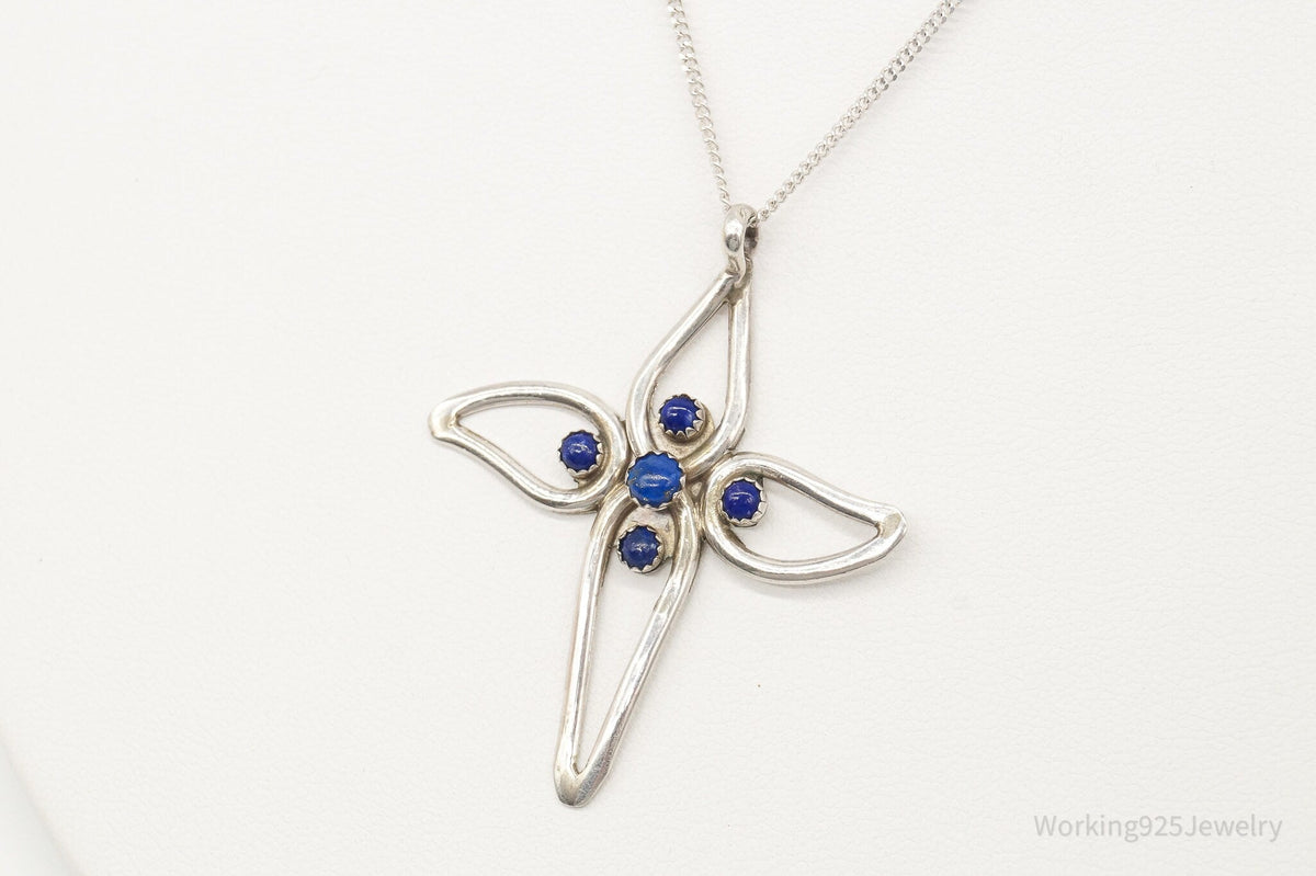 Vintage Native American FY Lapis Lazuli Sterling Silver Cross Necklace
