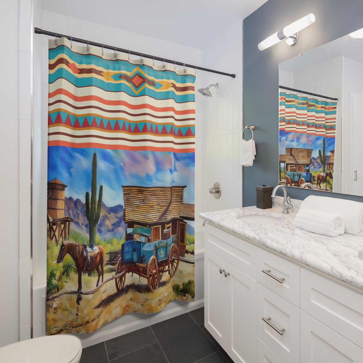Southwestern Western Shower Curtain — Desert Wagon & Aztec Stripe Bathroom Decor