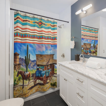 Southwestern Western Shower Curtain — Desert Wagon & Aztec Stripe Bathroom Decor