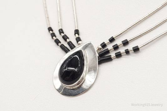 Vintage Native American Black Onyx Beaded Sterling Silver Necklace