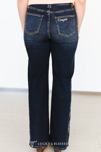 Dark Wash Horse Embroidered High Rise Wide Leg Cuffed Jeans