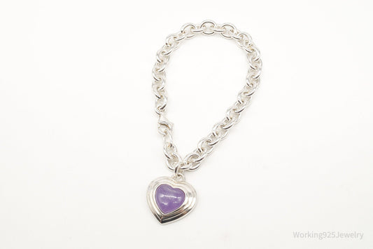 Vintage Designer CNA Lavender Jade Heart Chain Link Sterling Silver Bracelet