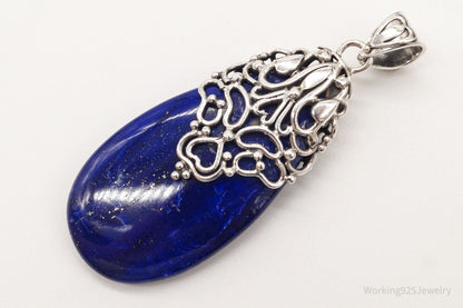 Large India Designer Doug Paulus Lapis Lazuli Ornate Sterling Silver Pendant