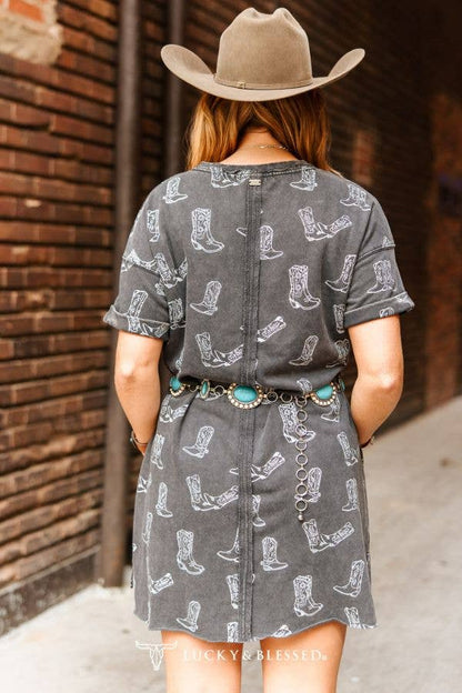 Grey Charcoal Mineral Washed Western Boots Printed Dress XL-3XL