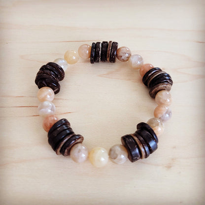 Natural Agate and Wood Beaded Stretch Bracelet 811n