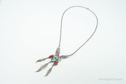 VTG Native American Richard Begay Turquoise Coral Sterling Silver Necklace