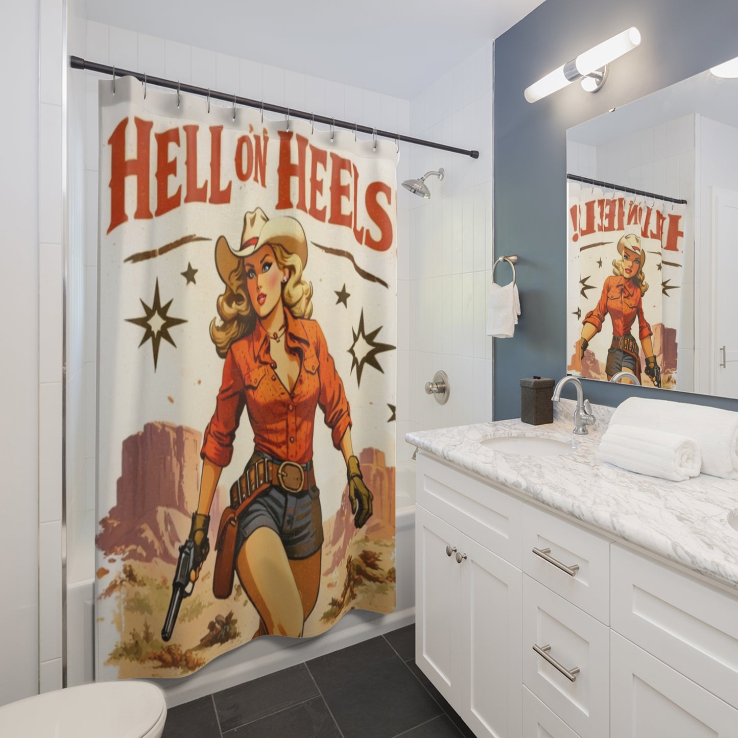 Shower Curtain — "Hell on Heels" Retro Cowgirl Western Bathroom Curtain