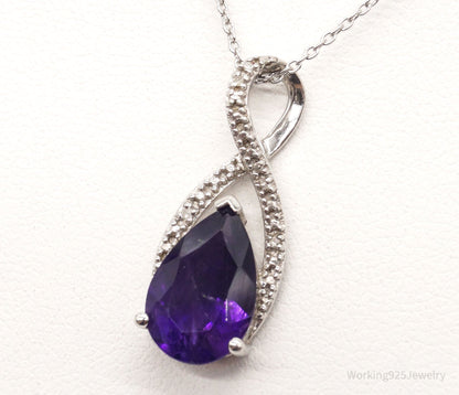Vintage Designer Amethyst 4 Diamond Sterling Silver Necklace