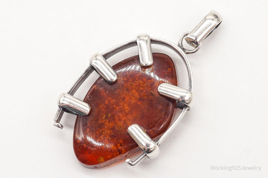 Large Vintage Amber Modernist Silver Necklace Pendant