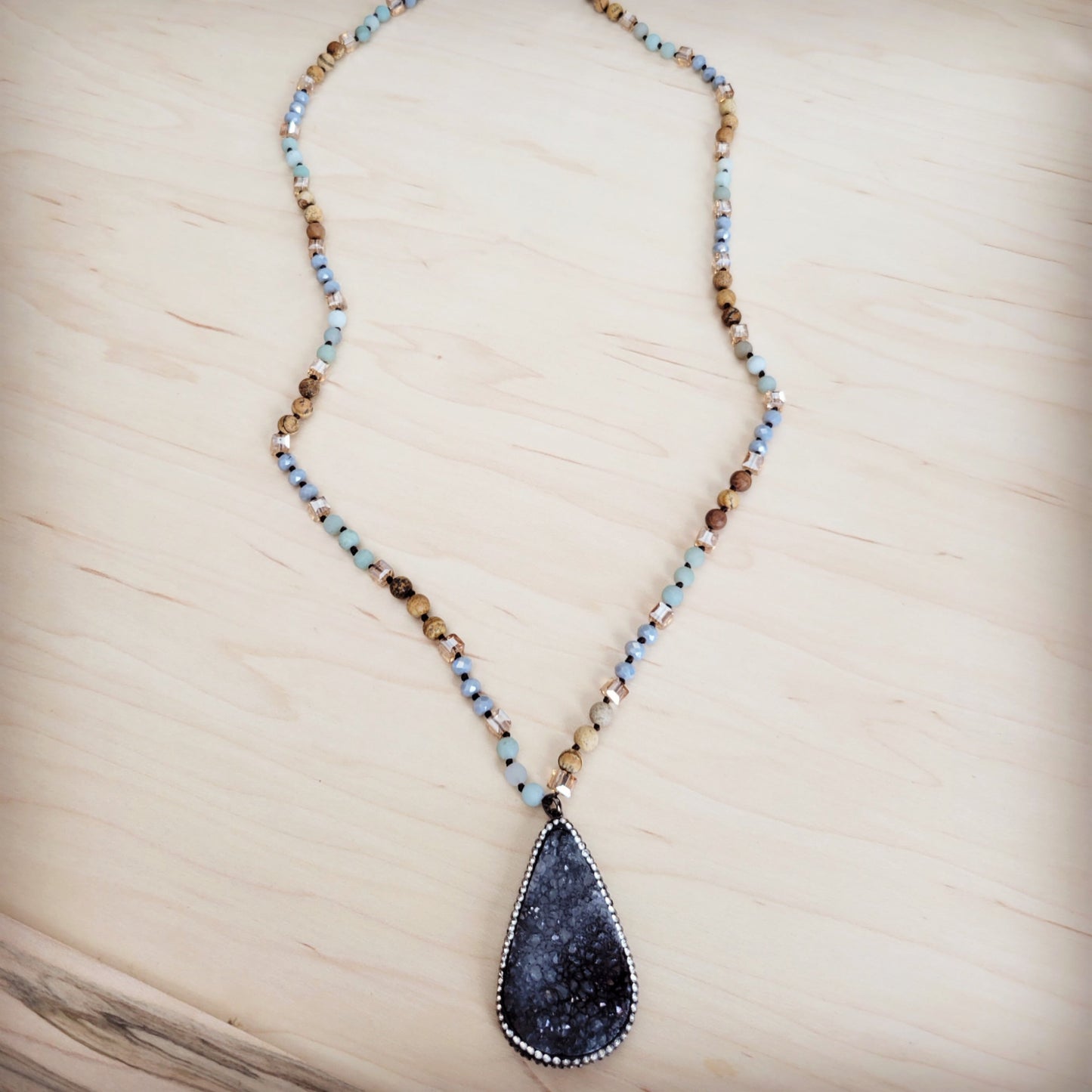Amazonite & Crystal Long Beaded Necklace w/ Druzy Pendant 262u