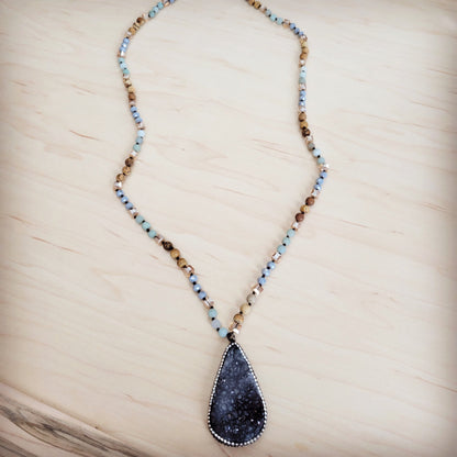 Amazonite & Crystal Long Beaded Necklace w/ Druzy Pendant 262u