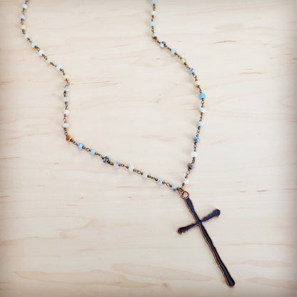 Genuine Amazonite Long Beaded Necklace with Antique Copper Cross 262x