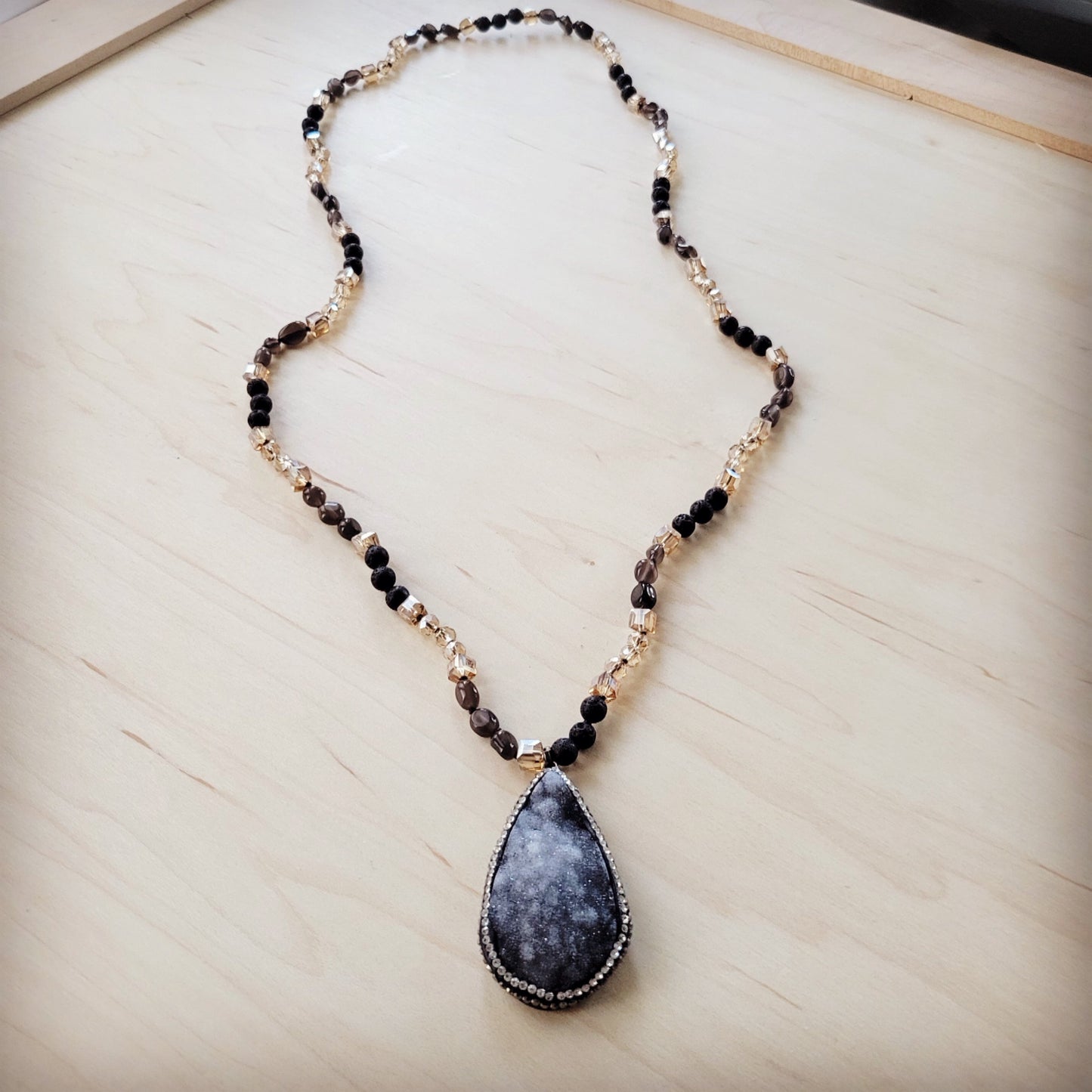 Black Lava Beaded Necklace w/ Druzy Pendant 257lb