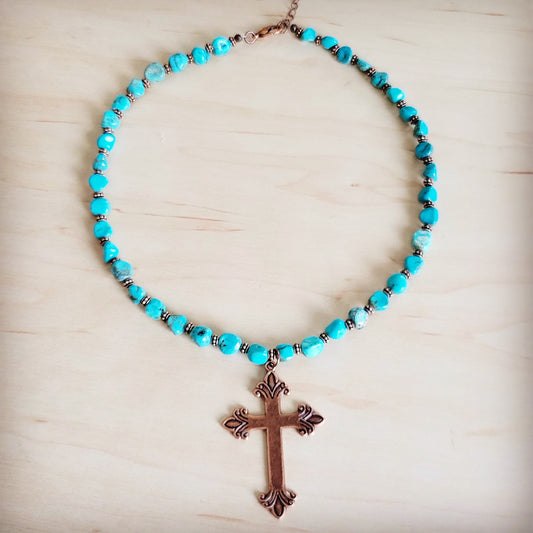 Turquoise and Copper Collar Necklace w/ Copper Cross Pendant 263z