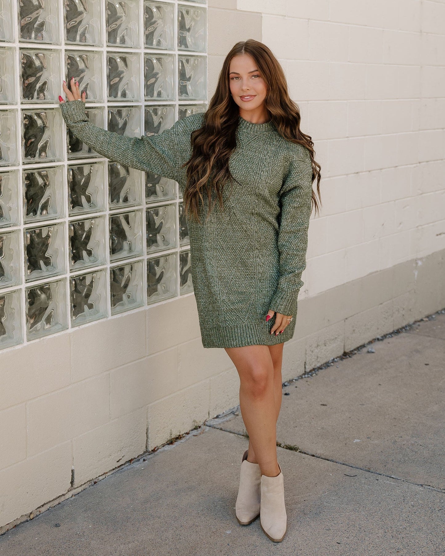 Cable Knit Sweater Dress - Green