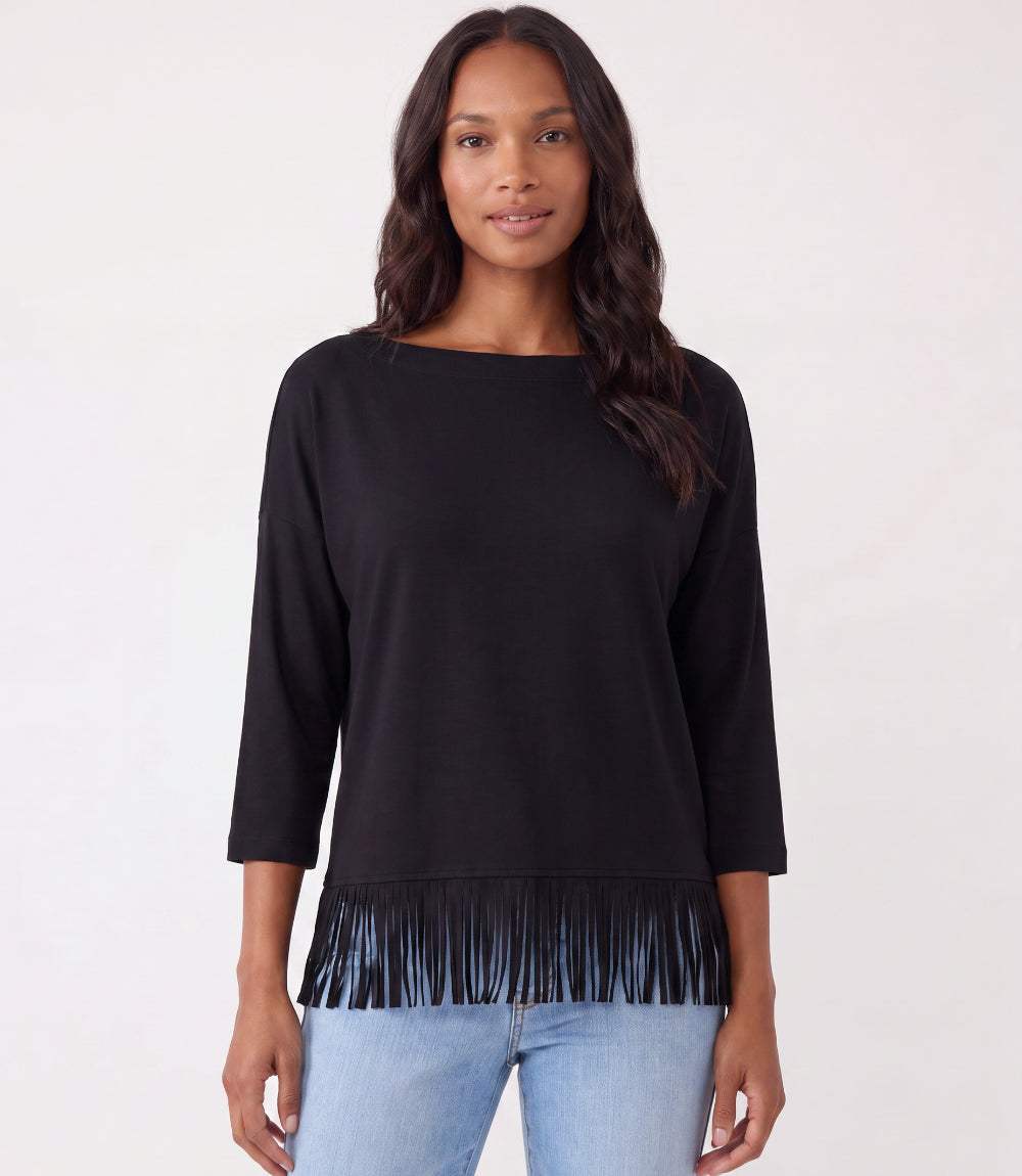 Petite Size 3/4 Sleeve Fringe Boatneck Top