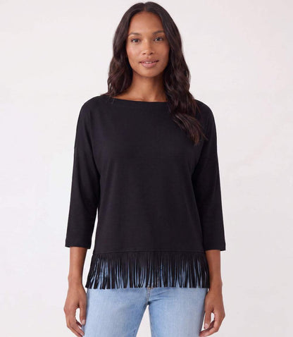 Petite Size 3/4 Sleeve Fringe Boatneck Top