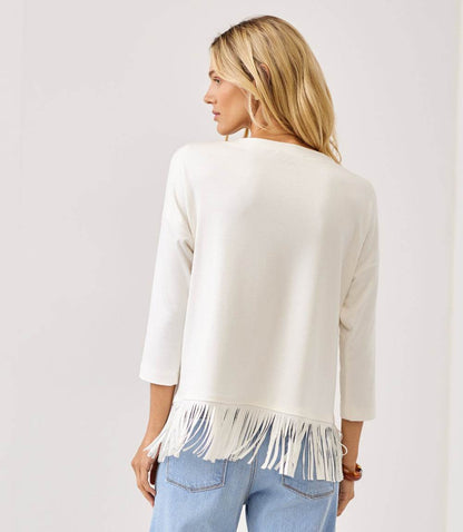 Petite Size 3/4 Sleeve Fringe Boatneck Top