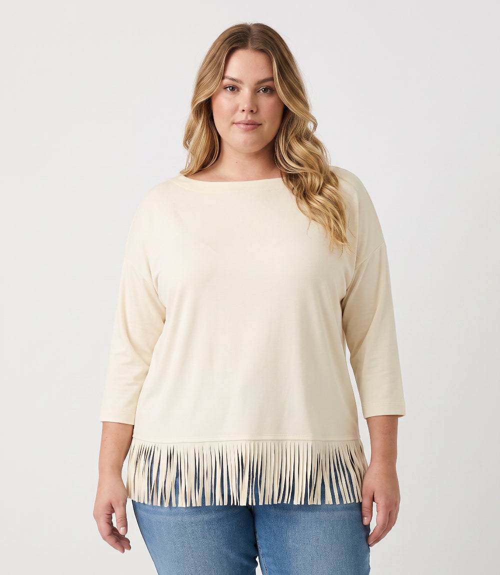 Plus Size 3/4 Sleeve Fringe Boatneck Top