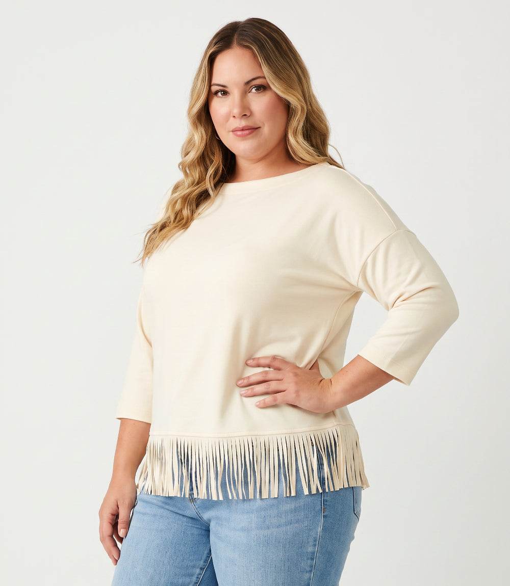Plus Size 3/4 Sleeve Fringe Boatneck Top