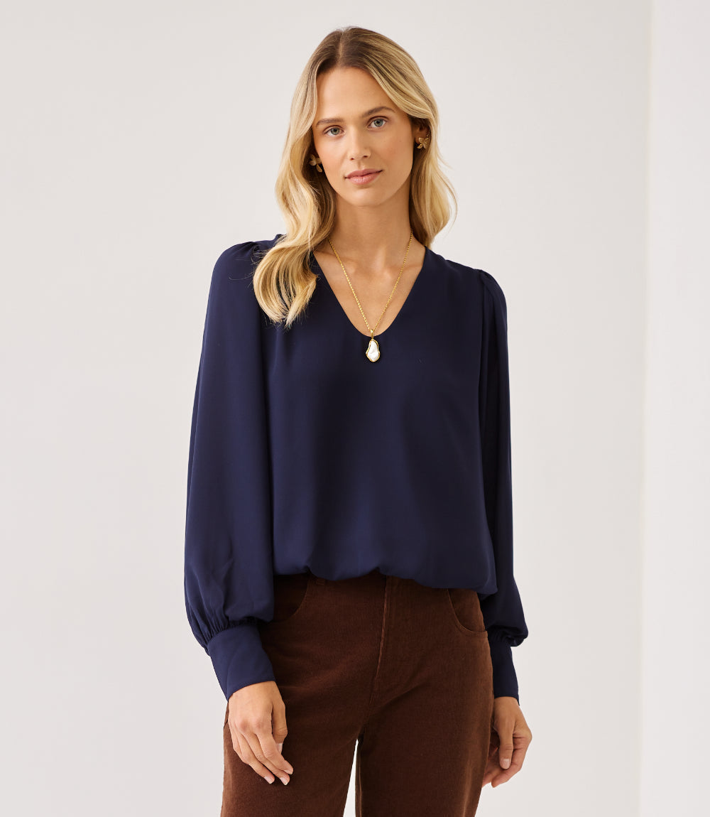 Petite Size Puff Sleeve V-Neck Top
