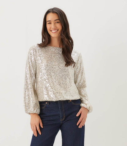 Petite Size Sequin Blouson Sleeve Boatneck Top