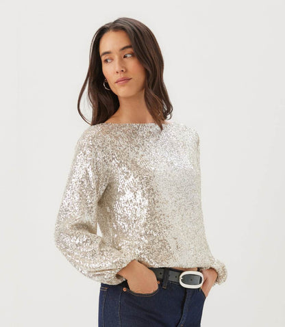 Petite Size Sequin Blouson Sleeve Boatneck Top
